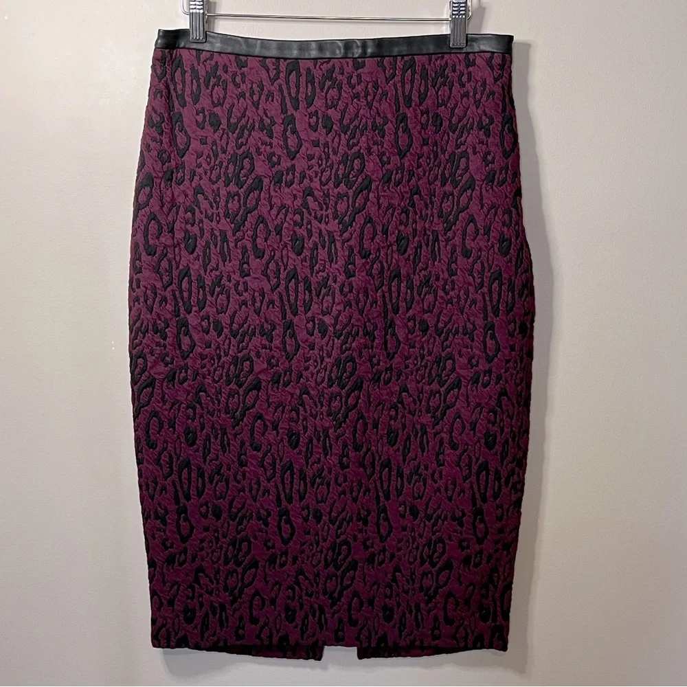 NWT Express Purple and Black Leopard‎ Pencil Midi Skirt Vegan Leather Trim